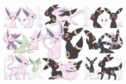 Rule 34 | alternate color, arrow (symbol), closed eyes, clothed pokemon, creatures (company), espeon, game freak, gen 2 pokemon, gen 4 pokemon, height, highres, looking at viewer, looking back, mismagius, moco font, multiple views, nintendo, no humans, partially colored, pokemon, pokemon (creature), shiny and normal, shiny pokemon, standing, thought bubble, translation request, umbreon, weight, zzz