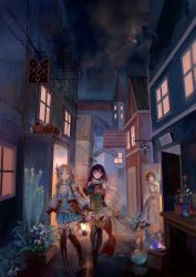Rule 34 | 3girls, absurdres, arm behind back, atelier (series), atelier firis, bad id, bad pixiv id, black hair, book, book stack, boots, breasts, brown eyes, brown gloves, brown hair, building, circlet, clenched hand, closed mouth, dress, erlenmeyer flask, firis mistlud, flask, flower, gloves, green eyes, head scarf, highres, holding, ittou, large breasts, liane mistlud, long hair, looking at viewer, multiple girls, night, outdoors, plant, potted plant, road, round-bottom flask, scarf, siblings, sign, sisters, smile, sophie neuenmuller, street, thigh boots, thighhighs, walking, waving, white dress, white scarf, window