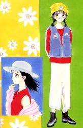 Rule 34 | 1990s (style), 1girl, :d, ankle boots, arms behind back, bare shoulders, beanie, black hair, boots, braid, flower, from side, full body, hat, koishikawa miki, long sleeves, marmalade boy, multiple views, open mouth, pants, red shirt, retro artstyle, shirt, short hair, short twintails, sleeveless, sleeveless shirt, smile, standing, teeth, twin braids, twintails, upper body, vest, white hat, yoshizumi wataru