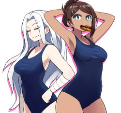 Rule 34 | 10s, 2girls, aged down, armpits, arms up, asahina aoi, breasts, bright pupils, brown hair, chan co, cleavage, closed eyes, danganronpa: trigger happy havoc, danganronpa (series), dark-skinned female, dark skin, doughnut, food, large breasts, mouth hold, multiple girls, ogami sakura, one-piece swimsuit, school swimsuit, simple background, smile, swimsuit, white background, white hair