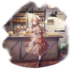 Rule 34 | 1girl, :d, apron, bakery, baking, blue eyes, boots, braid, bread, brown dress, brown hair, cake, cookie, croissant, dress, english text, engrish text, fnc (girls&#039; frontline), food, full body, game cg, girls&#039; frontline, girls&#039; frontline neural cloud, hair ornament, hat, highres, holding, holding tray, light blush, long hair, looking at viewer, official art, open mouth, pastry bag, ranguage, shop, smile, solo, transparent background, tray, twin braids, white hat