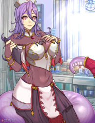 Rule 34 | 1girl, armor, bodystocking, boobplate, breastplate, breasts, clipboard, closed mouth, hair between eyes, hand on own chest, hat, holding, holding clipboard, impossible clothes, indoors, infirmary, lamia, light smile, long hair, monster girl, monster musume no oisha-san, purple hair, redjet, saphentite neikes, scales, skin tight, skirt, solo, tail, tail ornament, white hat