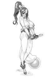 Rule 34 | 1girl, bad id, bad tumblr id, bare shoulders, blush, breasts, cleft of venus, feet, fingerless gloves, folded fan, folding fan, gloves, greyscale, hair ribbon, hand fan, high ponytail, highres, huge breasts, large areolae, large breasts, loose socks, monochrome, nipples, off shoulder, partially visible vulva, ponytail, pussy juice, ribbon, robaato, sash, shiranui mai, socks, solo, the king of fighters, uncensored
