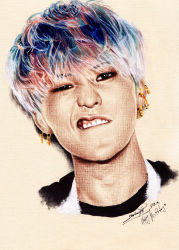 Rule 34 | 1boy, bigbang, earrings, g-dragon, grimace, highres, jewelry, k-pop, looking at viewer, male focus, multicolored hair, musician, photorealistic, piercing, portrait, realistic, sasha pak, solo, traditional media, upper body