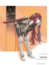 Rule 34 | 1girl, absurdres, armor, belt, bent over, character name, fingerless gloves, fire emblem, fire emblem awakening, frown, full body, gloves, hands on own thighs, highres, kozaki yuusuke, long hair, looking at viewer, nintendo, official art, page number, red hair, severa (fire emblem), simple background, solo, standing, sword, twintails, weapon