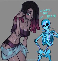 Rule 34 | 1girl, 1other, bikini, blue eyes, blush, breasts, bumblesteak, cleavage, dreadlocks, embarrassed, highres, leandra (bumblesteak), looking to the side, midriff, multicolored hair, original, sarong, simple background, skeleton, swimsuit, two-tone hair