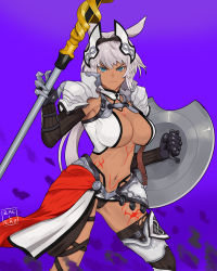 Rule 34 | 1girl, absurdres, animal ears, armor, artist request, bikini, black gloves, black thighhighs, blue eyes, body markings, breasts, caenis (fate), cape, cleavage, closed mouth, dark-skinned female, dark skin, elbow gloves, fate/grand order, fate (series), faulds, gauntlets, gloves, hair intakes, headpiece, highleg, highleg bikini, highleg bikini bottom, highres, large breasts, long hair, looking at viewer, navel, polearm, purple background, red cape, shield, silver hair, simple background, spear, swimsuit, tattoo, thighhighs, thighs, waist cape, weapon, white cape