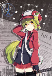 Rule 34 | 1girl, animal ears, bad id, bad pixiv id, dasulchan, green hair, hat, looking at viewer, newspaper, original, skirt, smile, solo, tail, thighhighs