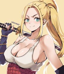 Rule 34 | 1girl, armor, beatrix amerhauser, black gloves, blonde hair, blue eyes, breasts, cleavage, closed mouth, commentary, english commentary, fingerless gloves, gloves, high ponytail, highres, holding, holding sword, holding weapon, japanese armor, katana, kusazuri, large breasts, long hair, looking at viewer, miss faves, over shoulder, smile, solo, sword, sword over shoulder, tank top, upper body, weapon, weapon over shoulder, white tank top, yellow background, zom 100: zombie ni naru made ni shitai 100 no koto
