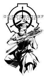 Rule 34 | 1boy, alto clef, apron, character name, chef hat, copyright name, facial hair, food, fork, gray-witch hai miko, greyscale, hat, highres, knife, ladle, logo, male focus, monochrome, parted lips, plate, scp foundation, sharp teeth, smile, solo, teeth