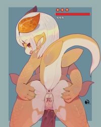 Rule 34 | 1girl, anus, anus only, ass, costom10, dragon horns, fang, female focus, from behind, furry, furry female, horns, looking back, maebari, original, pelvic curtain, scales, short hair, skindentation, solo, spread ass, tail, white hair