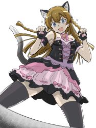 Rule 34 | 1girl, animal ears, armpits, bare shoulders, bell, black dress, black thighhighs, blue eyes, blush, bow, bowtie, braid, brown hair, cat ears, cat tail, corset, cowboy shot, detached sleeves, dot nose, dress, fake animal ears, fake tail, fingerless gloves, frilled dress, frilled skirt, frills, from below, gloves, hair between eyes, head tilt, highres, idolmaster, idolmaster million live!, idolmaster million live! theater days, kousaka umi, long hair, looking at viewer, matcha kingyo, neck bell, nyannyan cat&#039;s eye (idolmaster), official alternate costume, open mouth, parted bangs, paw pose, pink bow, pink bowtie, pink dress, ribbon-trimmed skirt, ribbon trim, sidelocks, simple background, skirt, smile, solo, sparkle, tail, thighhighs, twin braids, v-shaped eyebrows, white background, wrist cuffs, zettai ryouiki