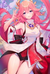 Rule 34 | 1girl, bare shoulders, breasts, collar, detached sleeves, dress, genshin impact, hair ornament, halo, hand up, highres, japanese clothes, looking at viewer, lucidsky, medium breasts, pink hair, purple eyes, smile, solo, thigh gap, thighs, yae miko