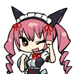 Rule 34 | 1girl, akiha rumiho, animal ears, bow, cat ears, cat girl, chan co, chibi, drill hair, faris nyannyan, female focus, long hair, maid headdress, one eye closed, open mouth, pink hair, simple background, solo, steins;gate, tray, twin drills, waitress, white background, wink