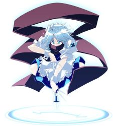 Rule 34 | 1girl, blue eyes, female focus, gradient background, izayoi sakuya, maid, perfect cherry blossom, scarf, silver hair, solo, tooya, touhou, touya (the-moon), white background