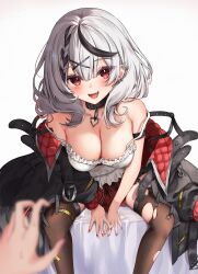 Rule 34 | 1girl, 1other, absurdres, arm strap, bare shoulders, black collar, black hair, black jacket, blush, breasts, brown thighhighs, camisole, caution tape, cleavage, collar, commentary request, ear piercing, fang, grey hair, hair ornament, heart pendant, highres, hololive, jacket, large breasts, leaning forward, long sleeves, looking at viewer, medium hair, multicolored hair, off shoulder, on bed, open clothes, open jacket, open mouth, piercing, plaid, plaid skirt, pov, pov hands, red eyes, red nails, red skirt, sakamata chloe, sidelocks, simple background, sitting, skirt, smile, solo focus, strap slip, streaked hair, thighhighs, torn clothes, torn thighhighs, una hirag, v arms, virtual youtuber, white background, white camisole, x hair ornament