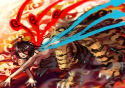 Rule 34 | 1girl, :d, ahoge, all fours, ass, asymmetrical wings, berabou, black hair, breasts, fang, hanging breasts, houjuu nue, looking at viewer, medium breasts, monster girl, open mouth, red eyes, slit pupils, smile, solo, topless, touhou, wings