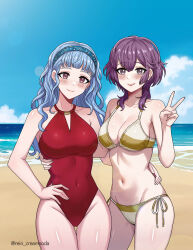 2girls absurdres beach bernadetta_von_varley bikini breasts cleavage collarbone commission fire_emblem fire_emblem:_three_houses fire_emblem_warriors:_three_hopes groin highres large_breasts long_hair looking_at_viewer marianne_von_edmund multiple_girls navel nintendo official_alternate_hairstyle one-piece_swimsuit purple_eyes purple_hair red_one-piece_swimsuit rein_creamsoda side-tie_bikini_bottom smile striped_bikini striped_clothes swimsuit twitter_username v yellow_bikini