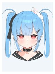 Rule 34 | 1girl, black bow, black collar, blue hair, blush, bow, collar, collarbone, commentary request, ear piercing, earrings, grey background, hair bow, hair ornament, hairclip, highres, jewelry, long hair, looking at viewer, original, parted lips, piercing, portrait, rabbit hair ornament, red eyes, simple background, solo, tsukiman, twintails