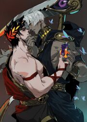 Rule 34 | 2boys, ambrosia (hades), ancient greek clothes, black hair, black sclera, bottle, bug, butterfly, colored sclera, commentary, dark-skinned male, dark skin, english commentary, gorget, greco-roman clothes, hades (series), hades 1, hand on another&#039;s chin, highres, holding, holding bottle, insect, laurel crown, looking at another, male focus, multiple boys, muscular, muscular male, pectorals, red eyes, scythe, shiyikuaiqingtai (weibo7279846390), short hair, standing, thanatos (hades), white hair, yaoi, yellow eyes, zagreus (hades)
