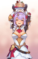Rule 34 | 1girl, armor, armored dress, artist name, ascot, back bow, belt, black gloves, blunt bangs, boobplate, bow, braid, breastplate, breasts, center opening, chain, cleavage, combat maid, facing viewer, flower, food, genshin impact, gloves, gold chain, hair flower, hair ornament, hand up, highres, holding, holding plate, lighter-than-air pancake (genshin impact), maid, maid headdress, medium breasts, noelle (genshin impact), open mouth, pancake, plate, purple hair, red ascot, red flower, red rose, rose, round teeth, solo, teeth, upper teeth only, white headwear, yokura (yukilina)