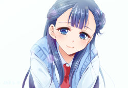 Rule 34 | 1girl, blue eyes, blue hair, blue sweater, blush, closed mouth, collared shirt, hugtto! precure, kotobuki oto, leaning forward, long hair, looking at viewer, necktie, precure, red necktie, school uniform, shirt, simple background, smile, solo, sweater, sweater vest, upper body, very long hair, white background, white shirt, wing collar, yakushiji saaya