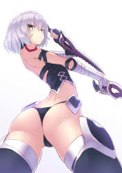 Rule 34 | 1girl, angry, ass, bandaged arm, bandages, bare shoulders, black panties, black thighhighs, breasts, butt crack, fate/apocrypha, fate (series), green eyes, jack the ripper (fate/apocrypha), looking at viewer, looking back, outstretched arms, panties, ryuinu, short hair, silver hair, small breasts, solo, tattoo, thighhighs, thong, underwear