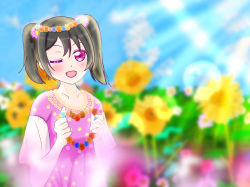 Rule 34 | 1girl, ;), artist name, artist request, black hair, blue sky, blush, bow, cloud, collarbone, dress, female focus, flower, flower skirt, flower wreath, hair bow, head wreath, highres, holding, holding flower, inasaku75, looking at viewer, love live!, love live! school idol festival, love live! school idol project, one eye closed, outdoors, parted lips, pink dress, pink shirt, polka dot, polka dot shirt, red bow, red eyes, shirt, short hair, sky, smile, solo, spring (season), twintails, yazawa nico