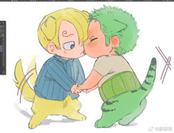 Rule 34 | 2boys, animal ears, art program in frame, blonde hair, centauroid, couple, curly eyebrows, deformed, dog boy, dog ears, dog tail, facial hair, full body, goatee, green hair, hair over one eye, licking lips, male focus, multiple boys, one piece, roronoa zoro, sanji (one piece), scar, scar across eye, short hair, sweetdou3, tail, tail wagging, taur, tiger boy, tiger ears, tiger tail, tongue, tongue out, yaoi, yellow fur