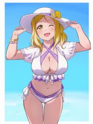 Rule 34 | 10s, 1girl, bead bracelet, beads, bikini, blonde hair, blush, bracelet, breasts, cleavage, collarbone, commentary, cowboy shot, criss-cross halter, floral print, flower, frilled bikini, frills, gluteal fold, halterneck, hands up, hat, hat flower, jewelry, large breasts, leaning forward, looking at viewer, love live!, love live! sunshine!!, multi-strapped bikini, nail polish, navel, ohara mari, one eye closed, open mouth, purple bikini, purple nails, side-tie bikini bottom, smile, solo, standing, swimsuit, thighs, turkey min, white bikini, white hat, yellow eyes, yellow flower