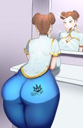 Rule 34 | 1girl, ass, ass focus, breasts, brown eyes, brown hair, capcom, chun-li, cleavage, cleavage cutout, clothing cutout, dress, earrings, highres, huge ass, huge breasts, jewelry, mirror, pants, reflection, smile, solo, street fighter, street fighter 6, table, wors art, yoga pants