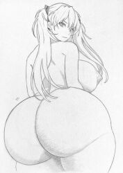 Rule 34 | 1girl, alternate breast size, ass, ass focus, breasts, completely nude, drycelll, hair ornament, huge ass, huge breasts, large areolae, large nipples, long hair, looking at viewer, looking back, monochrome, neon genesis evangelion, nipples, nude, plump, smile, solo, souryuu asuka langley, thick thighs, thighs, twintails, wide hips