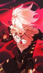 Rule 34 | 1boy, armor, blue eyes, collar, fate/grand order, fate (series), fighting stance, glaring, glowing, glowing eye, highres, karna (fate), koroponsu3, looking ahead, male focus, motion blur, open mouth, serious, short hair, solo, spiked collar, spikes, toned, toned male, upper body, white hair