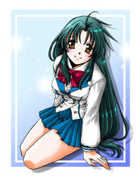 Rule 34 | 1girl, ahoge, arm support, blazer, blue skirt, blush, bow, bowtie, brown eyes, chidori kaname, dress shirt, floating hair, full body, full metal panic!, green hair, jacket, long hair, long sleeves, looking at viewer, low-tied long hair, lowres, miniskirt, pleated skirt, red bow, red bowtie, rei zibaku, school swimsuit, shirt, sitting, skirt, smile, solo, swimsuit, very long hair, white jacket, white shirt