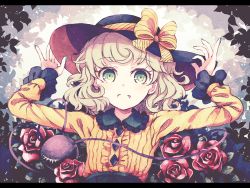 Rule 34 | 1girl, black hat, bow, curly hair, dise (psychoro), flower, frilled sleeves, frills, gloves, green hair, green nails, hat, hat bow, komeiji koishi, letterboxed, long sleeves, looking at viewer, nail polish, open mouth, red flower, red rose, rose, shirt, smile, solo, third eye, touhou, upper body, yellow bow, yellow shirt