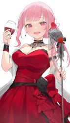 Rule 34 | 1girl, absurdres, alcohol, bare shoulders, black choker, black nails, breasts, choker, cleavage, commentary, cup, dress, drinking glass, fingernails, flower, gurina, hair flower, hair ornament, highres, holding, holding cup, hololive, hololive english, large breasts, long hair, looking at viewer, microphone, mori calliope, nail polish, open mouth, pink eyes, pink hair, red dress, red flower, red rose, rose, smile, solo, teeth, upper teeth only, virtual youtuber, wine, wine glass
