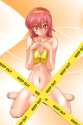 Rule 34 | 1girl, barefoot, bikini, blush, bottomless, breasts squeezed together, breasts, caution tape, censored, feet, female focus, highres, kamia (not found), kasuga aya, keep out, navel, original, pink eyes, pink hair, solo, swimsuit, yellow bikini
