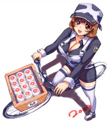 Rule 34 | 00s, 1girl, 2009, :d, animal print, bad id, bad pixiv id, bicycle, bottle, breasts, brown hair, buttons, cleavage, cow print, from above, full body, hat, huge breasts, long sleeves, looking at viewer, looking up, milk bottle, milk delivery, miyamoto issa, new year, open mouth, original, red eyes, shadow, smile, solo, thighhighs, vest, white background, white thighhighs, zettai ryouiki