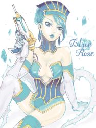Rule 34 | 10s, 1girl, artist request, bare shoulders, blue eyes, blue hair, blue nails, blue rose (tiger &amp; bunny), breasts, character name, cleavage, earrings, elbow gloves, fingernails, gloves, gun, jewelry, karina lyle, lipstick, makeup, matching hair/eyes, nail polish, short hair, sitting, solo, source request, tegaki, thighhighs, tiger &amp; bunny, weapon