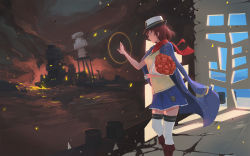 Rule 34 | 1girl, blouse, blue skirt, boots, bouquet, closed eyes, fire, flower, frilled skirt, frills, hat, highres, jacket, jacket on shoulders, kantai collection, neckerchief, pacific (kancolle), pearl harbor, pier, red hair, red neckerchief, shards, shirt, sima naoteng, skirt, solo, thighhighs, uss arizona (bb-39), white thighhighs, wind, wind lift, yellow shirt