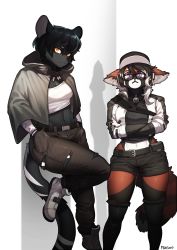 2girls absurdres animal_ears animal_feet artist_name bell belt belt_buckle black_fur black_hair body_fur breasts buckle cloak commission crossed_arms feet_out_of_frame furry furry_female glasses grey_hair hair_between_eyes hands_in_pockets hat highres hood hood_down looking_at_viewer medium_breasts midriff multicolored_hair multiple_girls neck_bell orange_hair original over-kneehighs pants pgm300 purple_eyes shoes short_hair shorts standing tail thighhighs torn_clothes torn_legwear two-tone_hair watermark