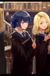 Rule 34 | :d, arisugawa natsuha, black robe, blonde hair, blue eyes, blue neckwear, book, bottle, collared shirt, commentary, crossed arms, crossover, english commentary, grey sweater, hair bun, hair ornament, hair ribbon, hand up, harry potter (series), hat, heart, highres, holding, holding book, holding bottle, idolmaster, idolmaster shiny colors, indoors, layered clothes, long sleeves, looking at another, looking away, luna lovegood, madogiwa (ran5), medium hair, mini hat, morino rinze, multiple girls, necktie, open mouth, parted hair, ravenclaw, red eyes, ribbed sweater, ribbon, robe, shirt, short hair, sidelocks, single hair bun, smile, split mouth, standing, striped neckwear, sweater, tanaka mamimi, uniform, wavy hair, white shirt, wide sleeves, wizarding world