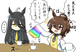 Rule 34 | agnes tachyon (umamusume), ahoge, animal ears, azusa (azusa0325), black hair, brown hair, closed mouth, coffee, commentary request, horse ears, horse girl, lab coat, long hair, manhattan cafe (umamusume), motion lines, necktie, red eyes, sugar cube, table, translation request, umamusume, uniform, white background, yellow eyes