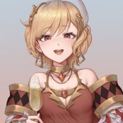 Rule 34 | 1girl, blonde hair, brown dress, citrinne (fire emblem), dress, earrings, feather hair ornament, feathers, fire emblem, fire emblem engage, gold choker, gold trim, hair ornament, hoop earrings, jewelry, lowres, manymanylilies, mismatched earrings, nintendo, red eyes, wing hair ornament