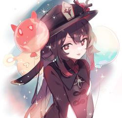 Rule 34 | &gt;:p, 1girl, balloon, black hair, chinese clothes, commentary request, flower, genshin impact, hair between eyes, hat, hat flower, hat ornament, hu tao (genshin impact), long hair, long sleeves, looking at viewer, red eyes, saku nosuke, sidelocks, simple background, slime (genshin impact), smile, solo, symbol-shaped pupils, twintails