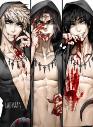 Rule 34 | 3boys, black cloak, blonde hair, blood, blood on chest, blood on face, blood on hands, bloody weapon, brown hair, cloak, collarbone, cropped arms, cross, eyes visible through hair, eyeshadow, facial tattoo, fingernails, hand on own face, handprint, highres, hood, hook, jewelry, laovaan, makeup, multiple boys, navel, necklace, open mouth, original, resident evil, resident evil village, sharp fingernails, signature, smile, tattoo, toned, toned male, weapon, white background, yellow eyes
