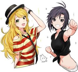 Rule 34 | 2girls, :d, antenna hair, artist name, bad id, bad twitter id, bare shoulders, black eyes, black hair, blonde hair, clenched hand, clenched hands, green eyes, grin, hat, hoshii miki, idolmaster, idolmaster (classic), kikuchi makoto, midriff, multiple girls, navel, necktie, open mouth, rod (rod4817), shirt, simple background, smile, striped clothes, striped shirt, tied shirt