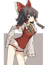 Rule 34 | 1girl, absurdres, ascot, bow, closed mouth, clynxen, commentary, cowboy shot, detached sleeves, english commentary, frilled bow, frills, hair bow, hair tubes, hakurei reimu, hand on own hip, hand on own leg, highres, long hair, looking at viewer, red bow, red eyes, red shirt, ribbon-trimmed sleeves, ribbon trim, shirt, shorts, sleeveless, sleeveless shirt, solo, touhou, white shorts, white sleeves, yellow ascot