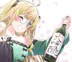 Rule 34 | 1girl, ahoge, bare shoulders, blonde hair, bottle, breasts, chikuwa., cleavage, collarbone, commentary request, cookie hair ornament, dress, food-themed hair ornament, glasses, green dress, green eyes, green hair, grin, hair ornament, highres, holding, holding bottle, long hair, long sleeves, looking at viewer, medium breasts, multicolored hair, off-shoulder dress, off shoulder, original, petals, round eyewear, simple background, smile, solo, streaked hair, two side up, upper body, white background
