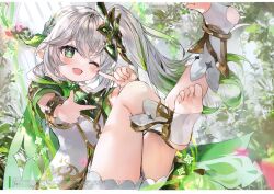 Rule 34 | 1girl, ;d, absurdres, bloomers, blush, bracelet, cross-shaped pupils, dress, feet, finger frame, foot up, full body, genshin impact, gold trim, gradient hair, green eyes, green hair, hair ornament, happy, highres, jewelry, leaf hair ornament, leg up, legs, long hair, multicolored hair, nahida (genshin impact), no shoes, one eye closed, open mouth, outdoors, pointy ears, scan, side ponytail, sidelocks, sitting, sleeveless, sleeveless dress, smile, soles, solo, soraneko hino, stirrup legwear, symbol-shaped pupils, thighs, toeless legwear, toes, two-tone hair, underwear, white bloomers, white dress, white hair